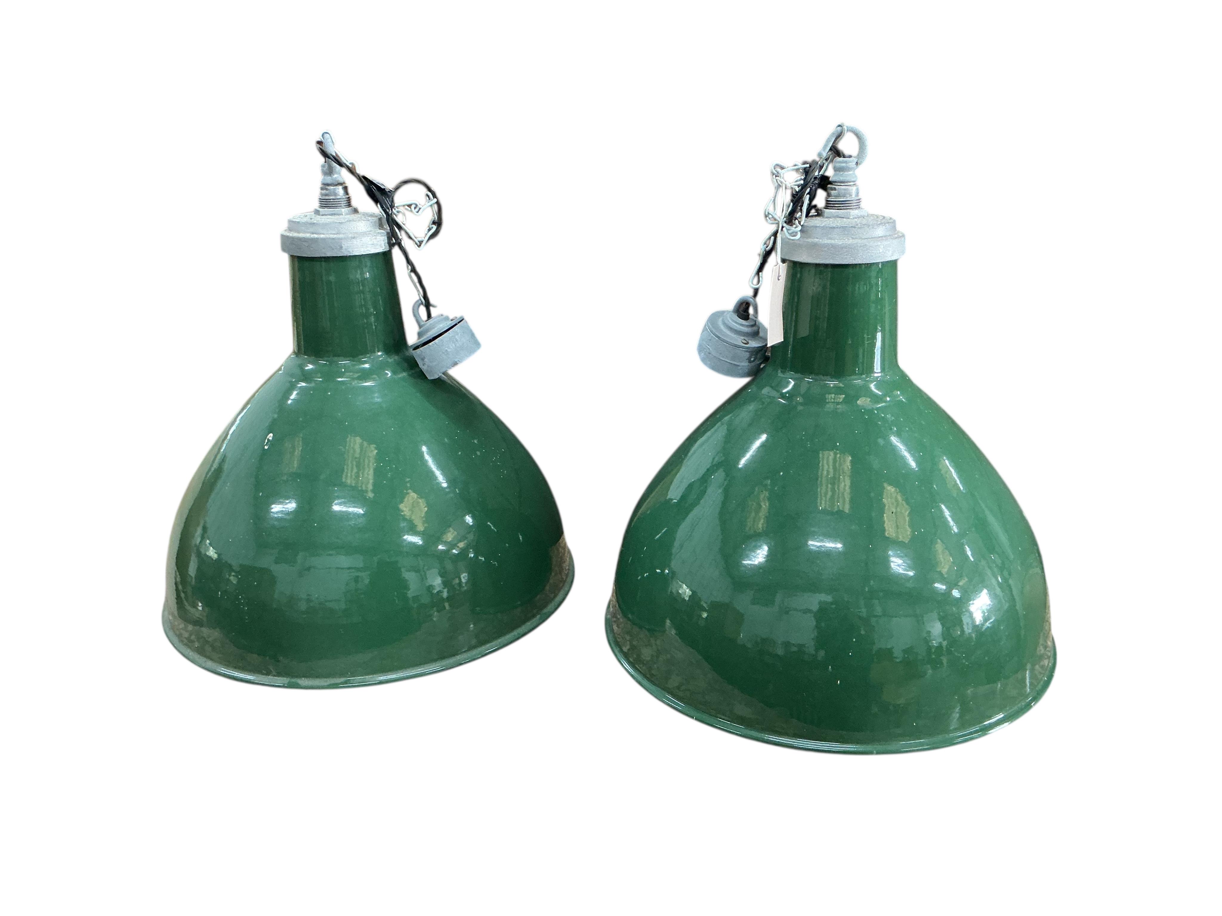 A pair of vintage green industrial style ceiling shades, diameter 48cm, height 40cm
